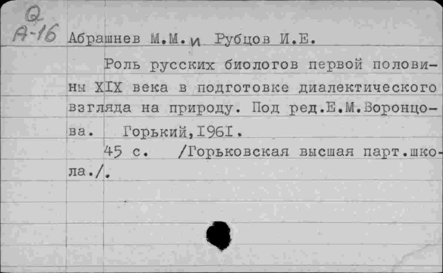 ﻿Абрашнев М.М.и Рубцов И.Е.______________
Роль русских биологов первой половины XIX века в подготовке диалектического взгляда на природу. Под ред.Е.М.Воронцова. Горький,1961.
45 с. /Горьковская высшая парт.шко ла./.